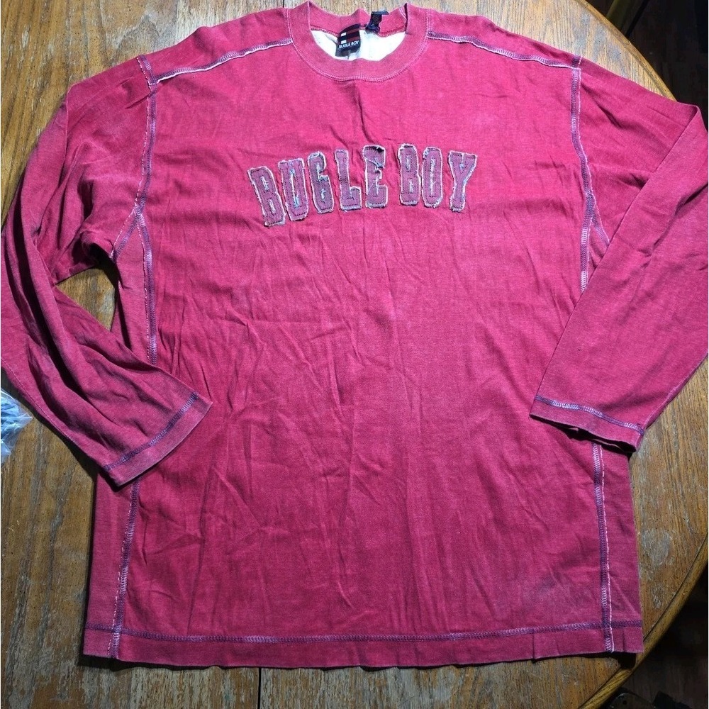 VTG Bugle Boy T-Shirt Mens L Red Long Sleeve Retro 90s Y2K Embroidered Oversized